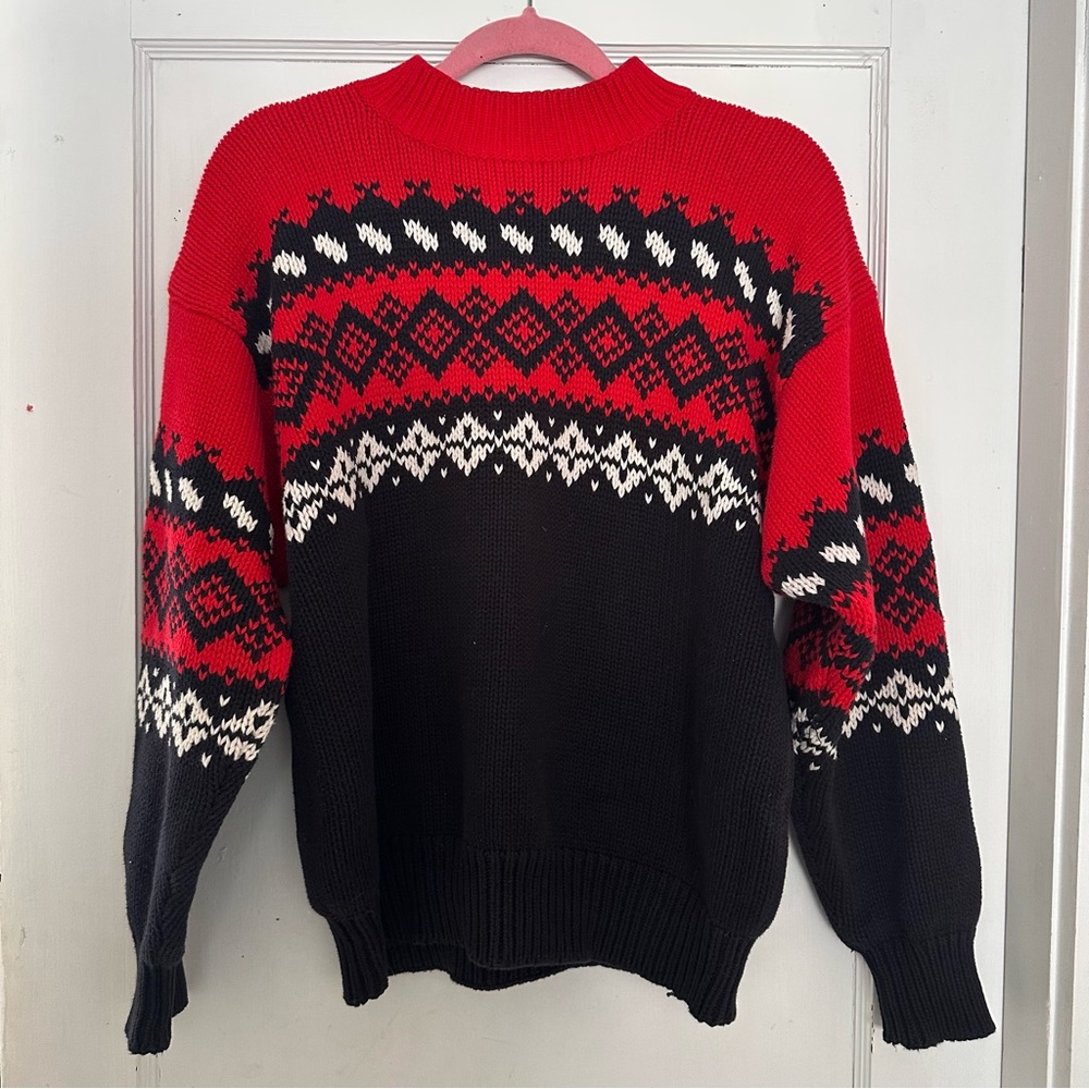 Vintage GAP Fair Isle Cotton Turtleneck Sweater Red Black Nordic Geometric